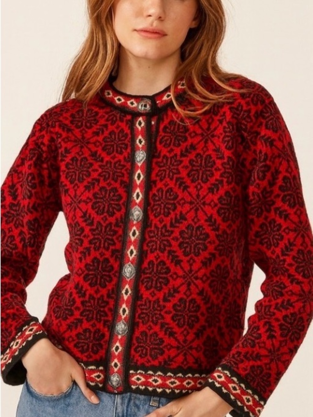 L.L. Bean Cherry Red and Black Nordic Wool Cardigan with Fair IsleTrim